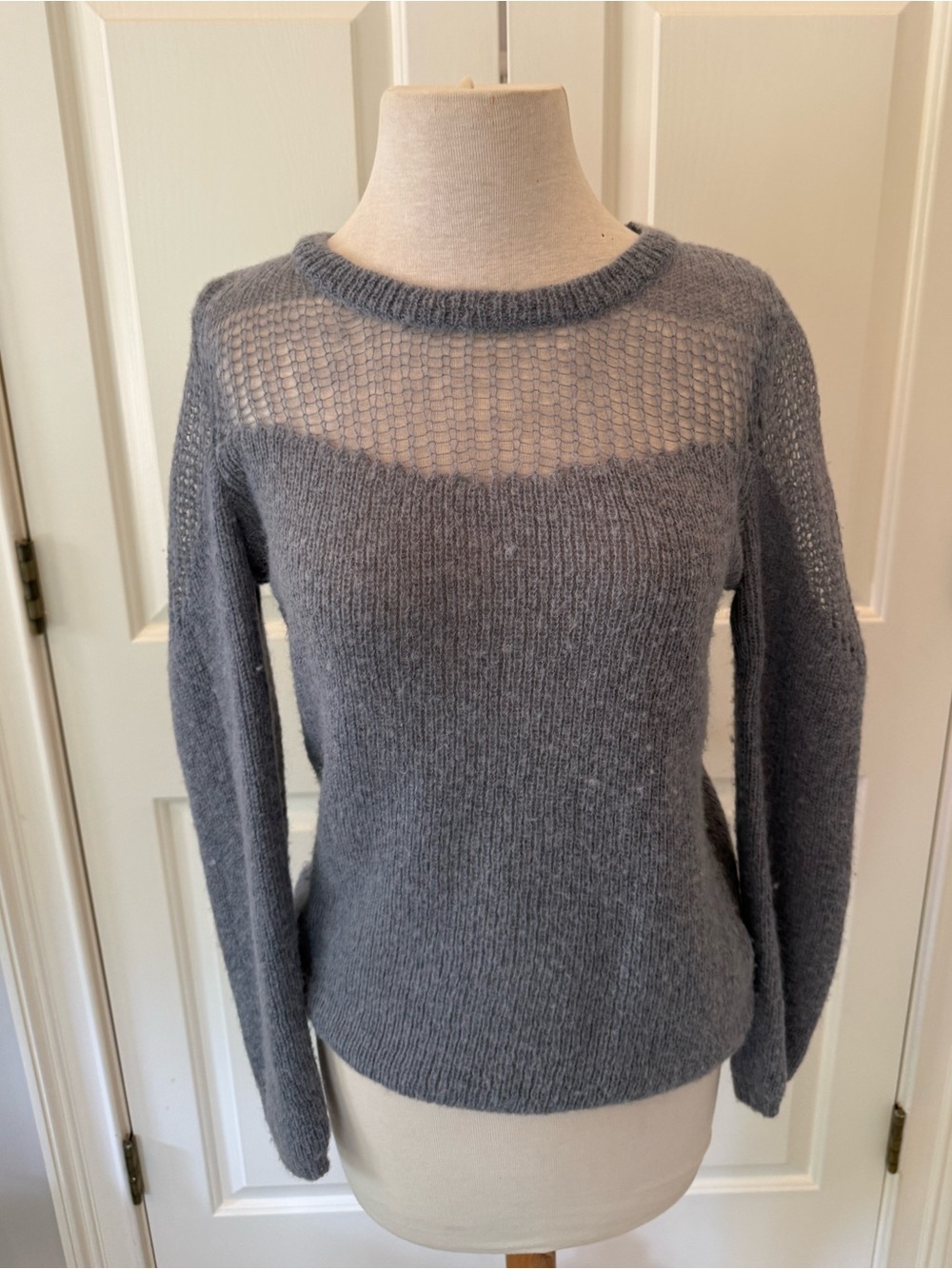 Tahari Wool/Alpaca Sheer Yoke Crew Neck Sweater
